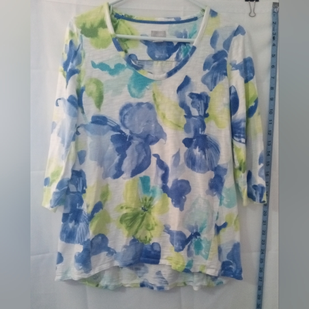 Chico's Vibrant Blue & Green Abstract Floral Long Sleeve Top - Size 0 (US Small) - Picture 2 of 10